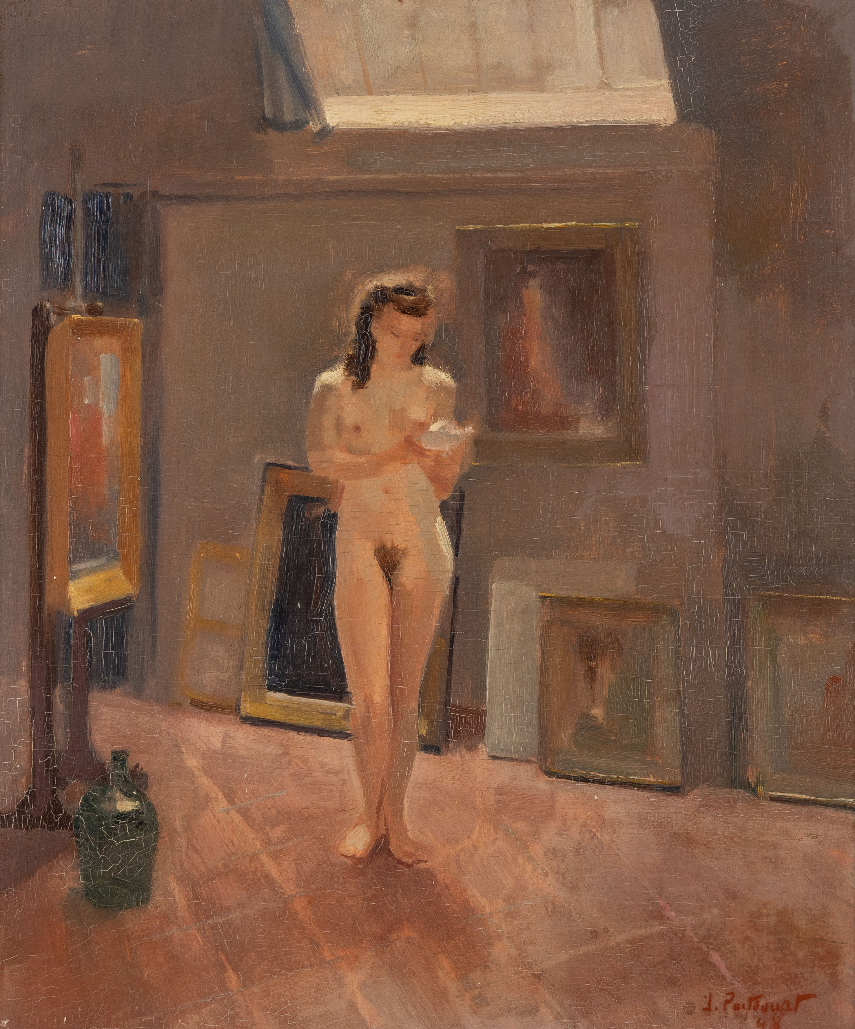 Jeanne Portenart (1911-1991), 'Dans L'Atelier', olie op paneel (1948). (L:55 x H:65 cm)